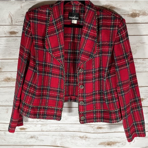 Vintage Positive Attitude Women's Size 18 Red Plaid Wool Blend Blazer Gold Trim - Picture 2 of 8
